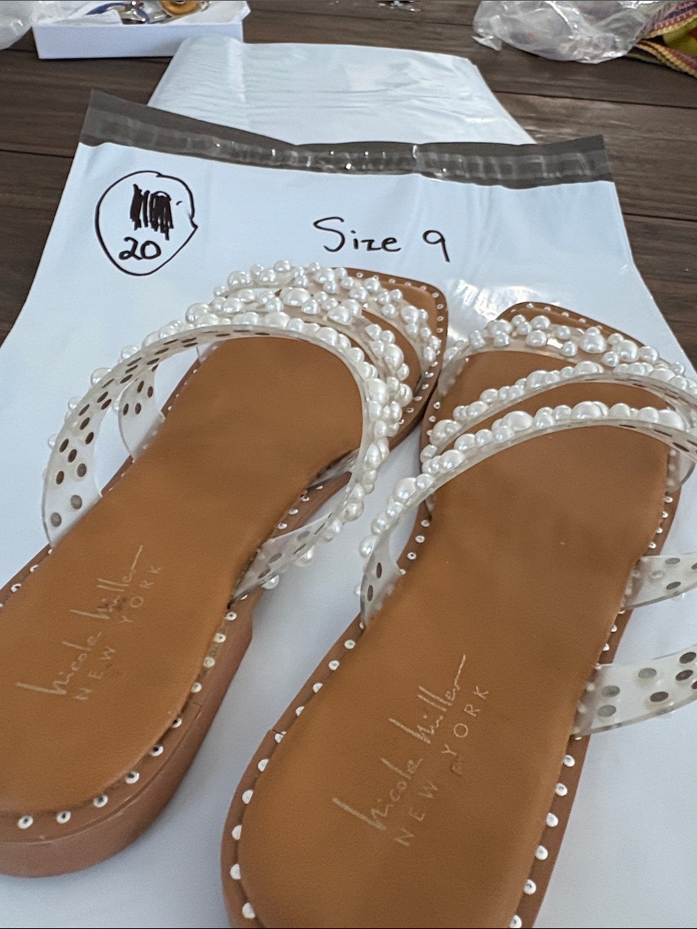 Nicole Miller Clear Pearl-Embellished Tan Slide Sandals - Picture 4 of 4